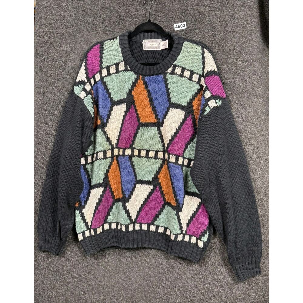 VTG Concrete Mix Sweater Mens Sz L Geometric Multicolor Ramie Blend Long Sleeve
